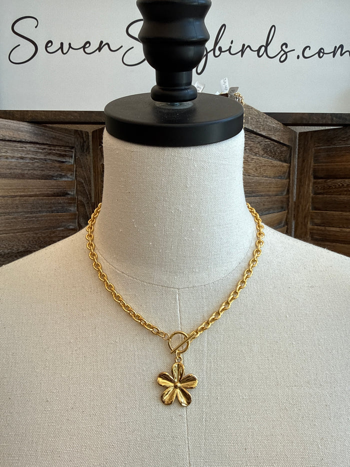 Gold daisy flower pendant necklace with gold chain