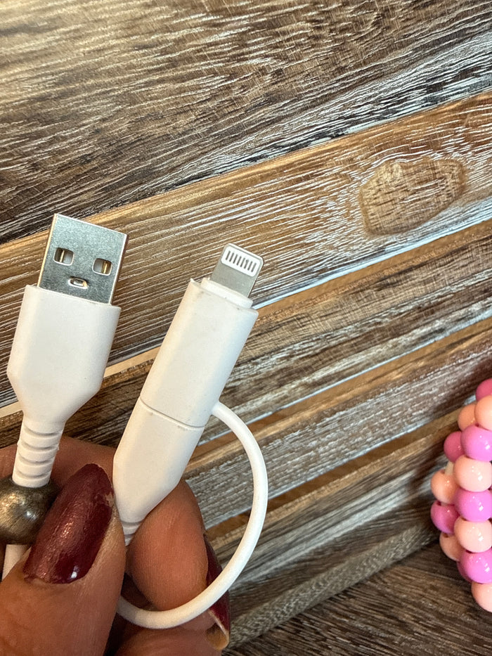 White 2-in-1 USB charger with USB-A plug and USB-C adapter, cable loop
