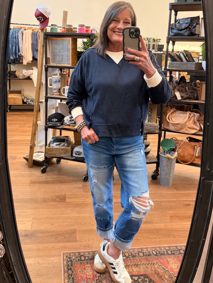 Navy waffle-knit crew neck long-sleeve T-shirt, relaxed fit