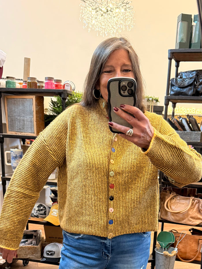 Mustard striped knit cardigan, button-front V-neck and long sleeves