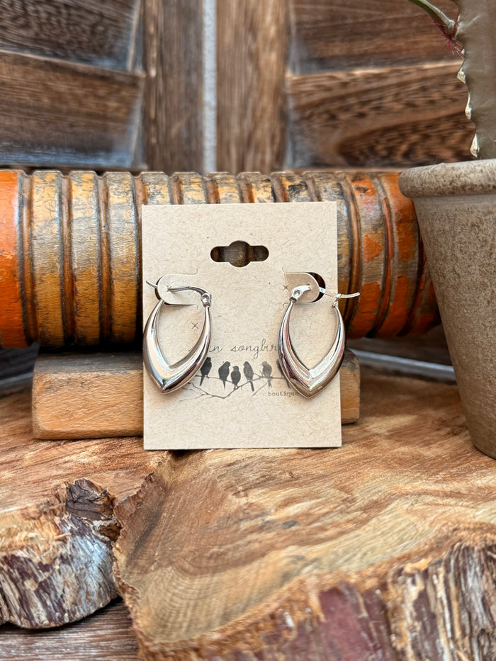 Silver teardrop crescent stainless steel hoop earrings, hinged closure