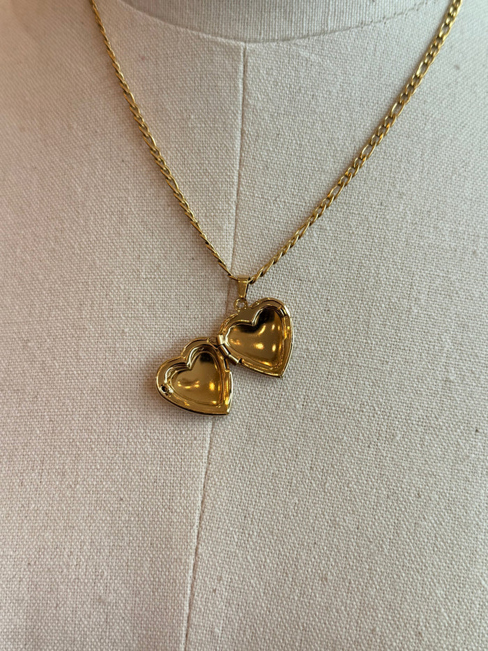 Gold-plated heart photo box necklace with two heart charms on a thin chain