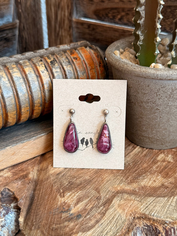 Purple teardrop spiny oyster drop stud earrings on silver hooks