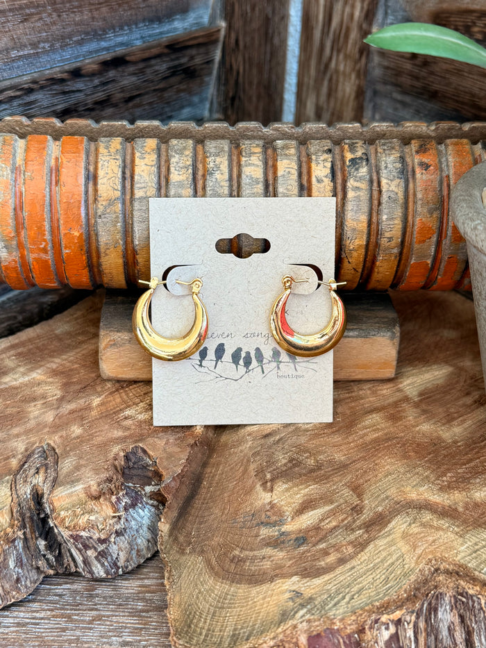 Gold-tone crescent stud earrings on display card, open hoop style with posts