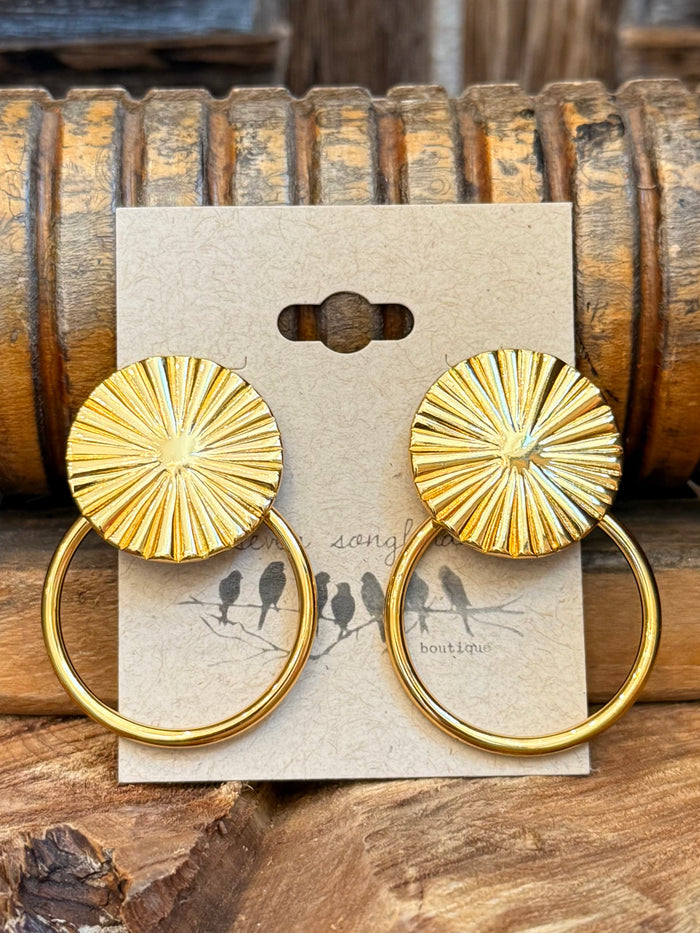 Gold-tone round textured stud earrings with hoop rings and sunburst discs