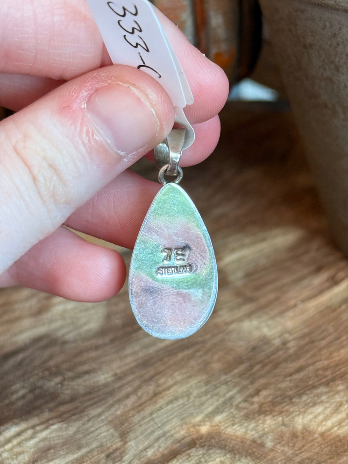 Silver Gaspeite teardrop pendant back, stamped mark on teardrop frame