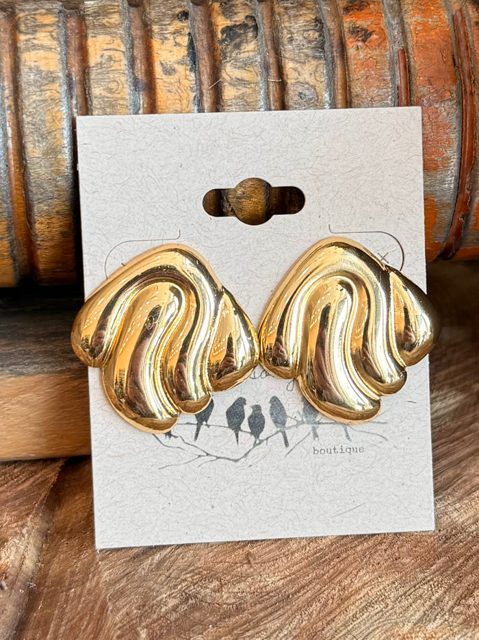 Gold wavy stud earrings with curved swirl fronts, stainless steel post backing pair