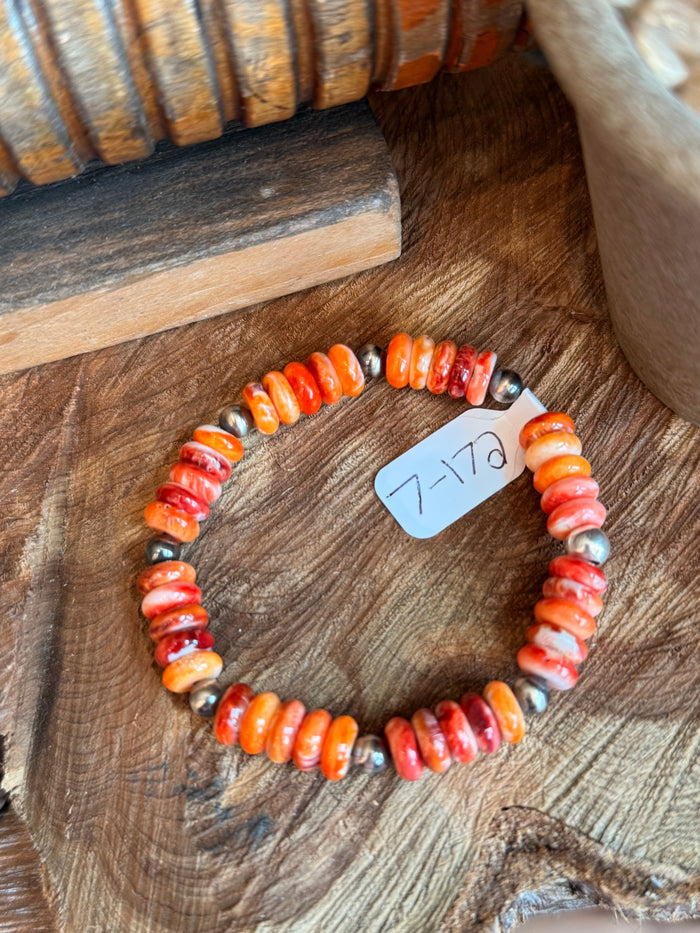 Orange and red spiny oyster beaded bracelet with sterling pearl beads