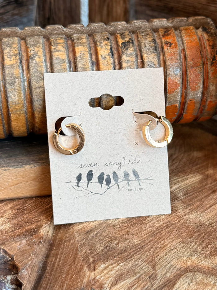 Gold-plated hoop stud earrings with twisted design, shown from front on card
