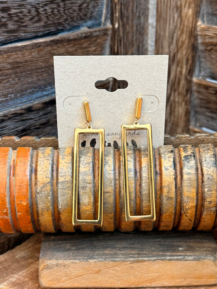 Gold-plated rectangular drop stud earrings with dangling open frames and small top posts