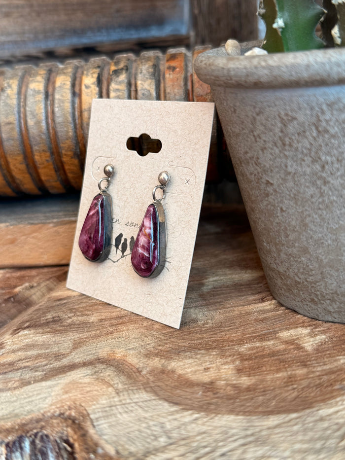 Purple teardrop drop earrings with silver hooks, vintage style