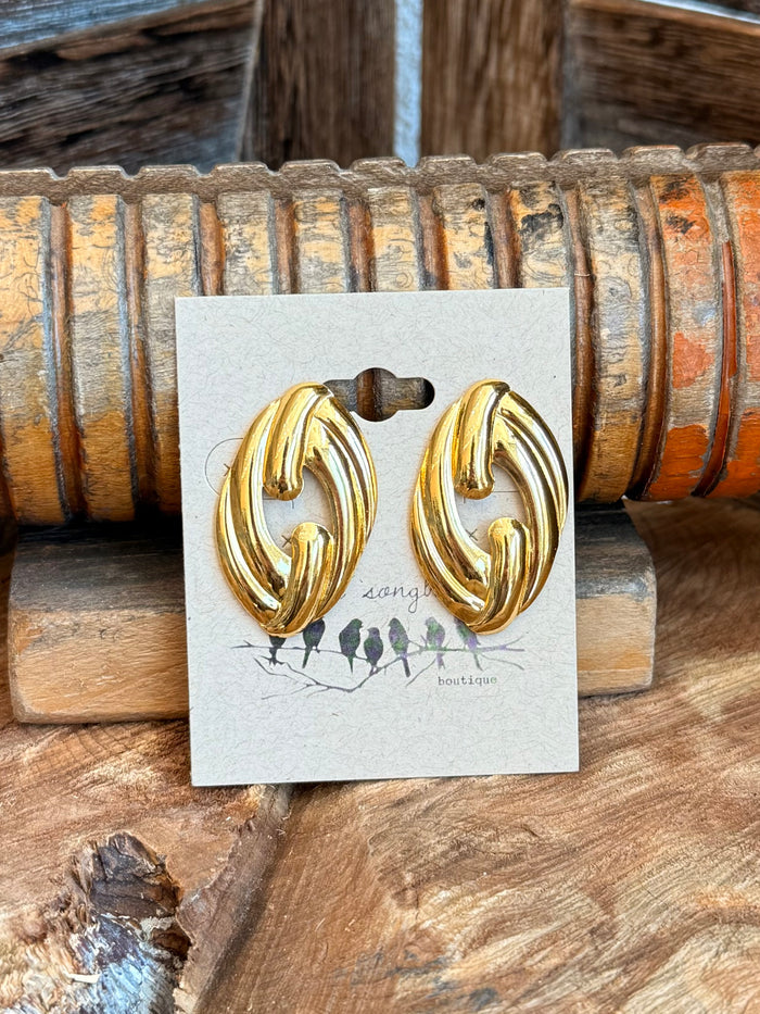 Gold twisted oval hoop-style stud earrings on white backing card