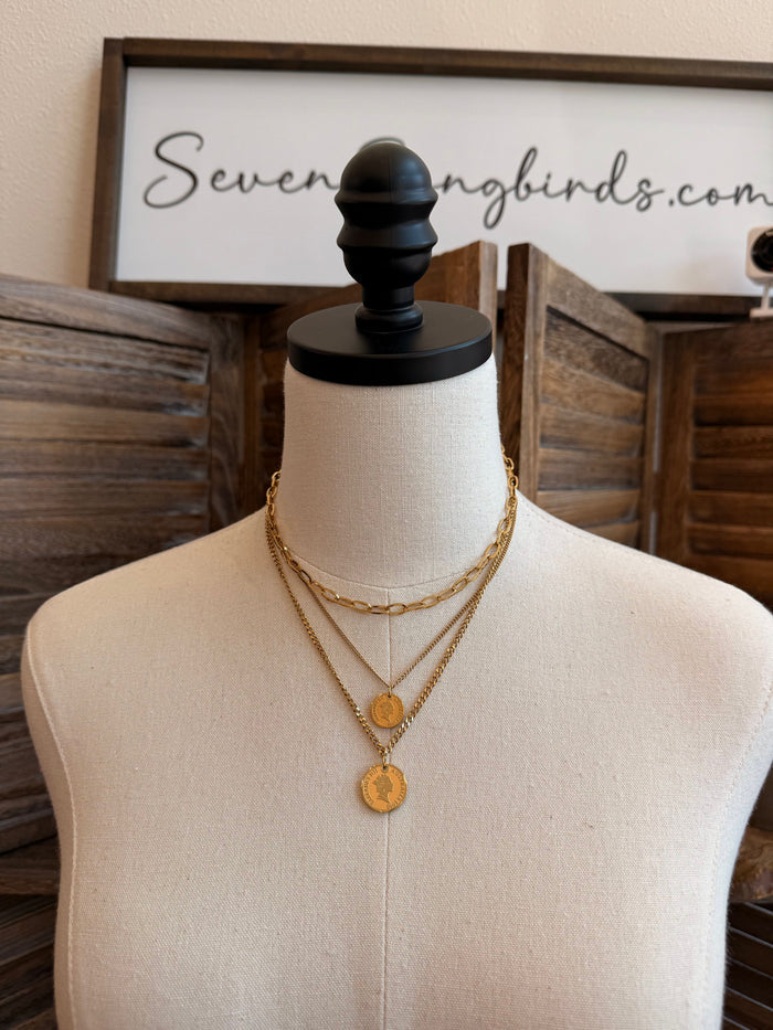 Gold-plated coin pendant necklace with two short chains and circular charms