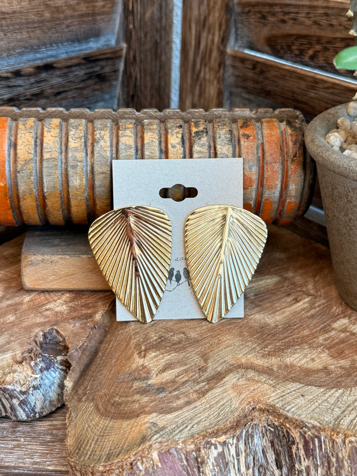 Gold leaf stud earrings, large ribbed teardrop leaves with post backing