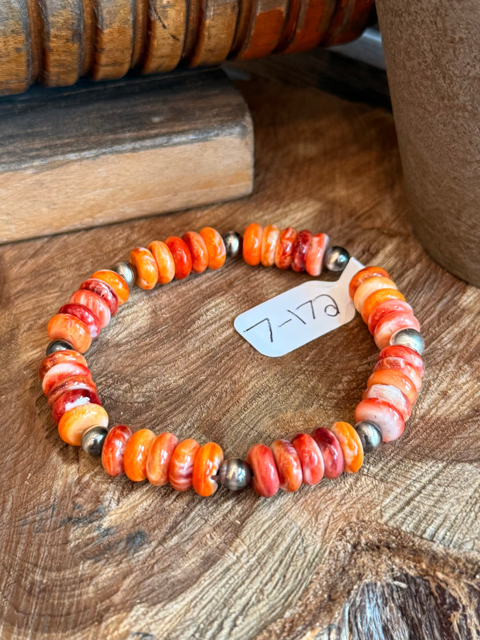 Orange spiny oyster beaded bracelet with sterling pearl spacer beads