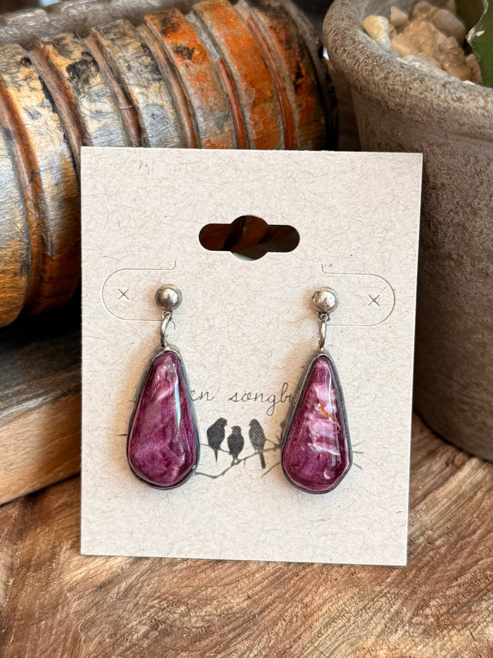 Purple teardrop drop earrings with silver stud back and dangling hooks
