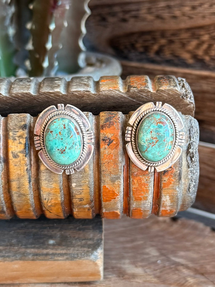 Turquoise cabochon stud earrings with textured silver border, pair view