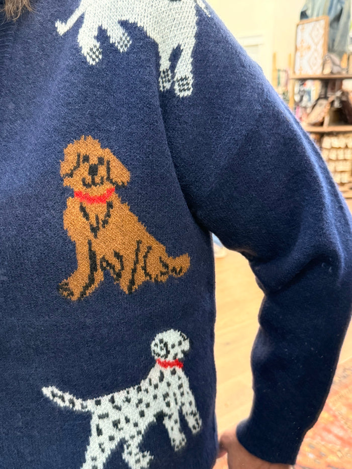 Navy cardigan sleeve with knitted dog intarsia graphic and button-down details