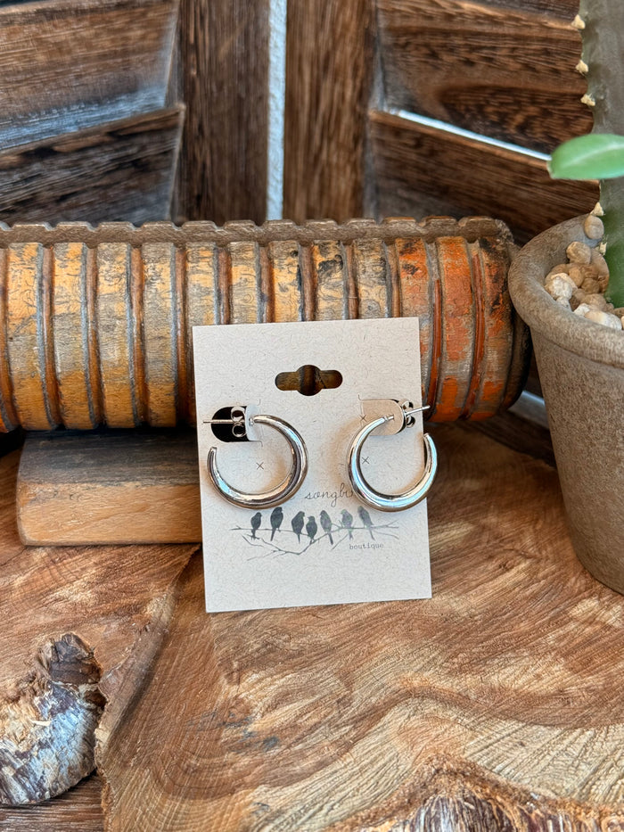 Silver stainless steel round hoop stud earrings with visible clasp, side view.