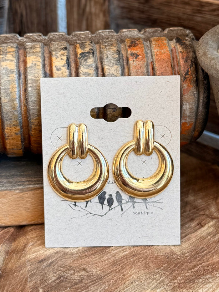 Gold-tone twisted hoop stud earrings, front view