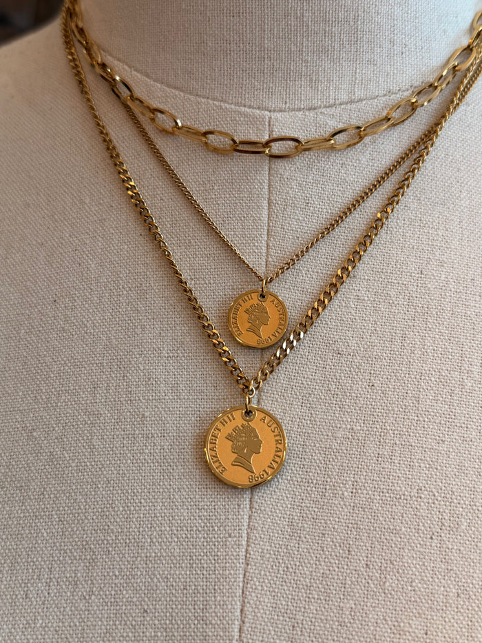 Gold-plated coin charm necklace close-up with two stacked circular pendants