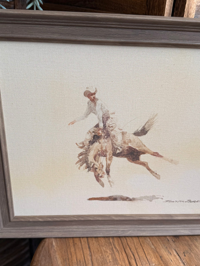 Close-up of framed cowboy on bucking horse illustration on beige background