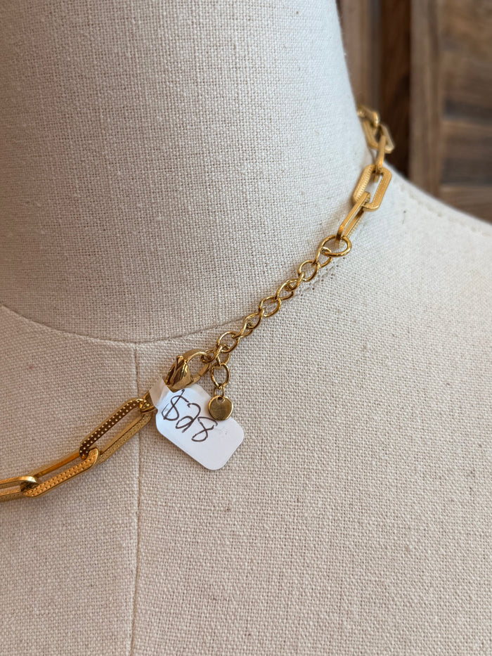 Gold-plated chunky chain necklace with small heart-shaped charm tag