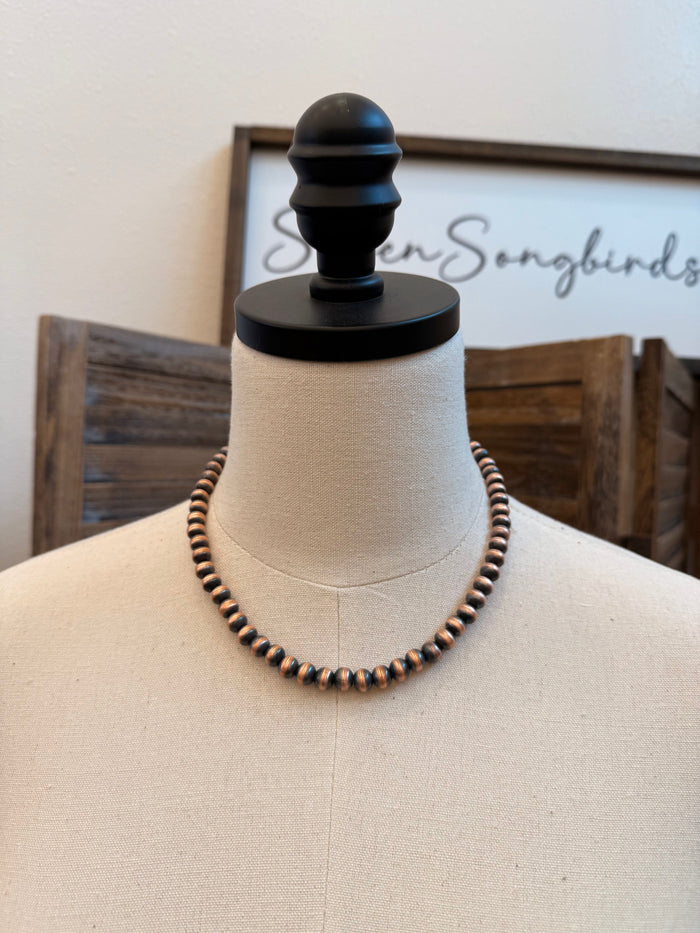 18 in genuine copper bead necklace with round 8mm beads and blackened accents