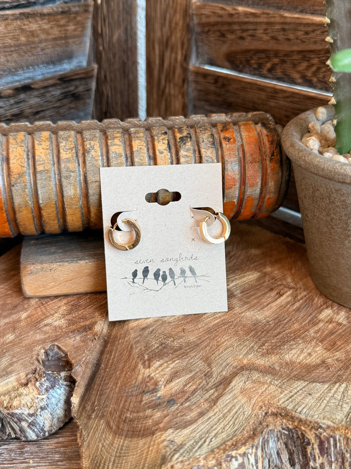 Gold-plated dainty hoop stud earrings, small twisted loops on display card