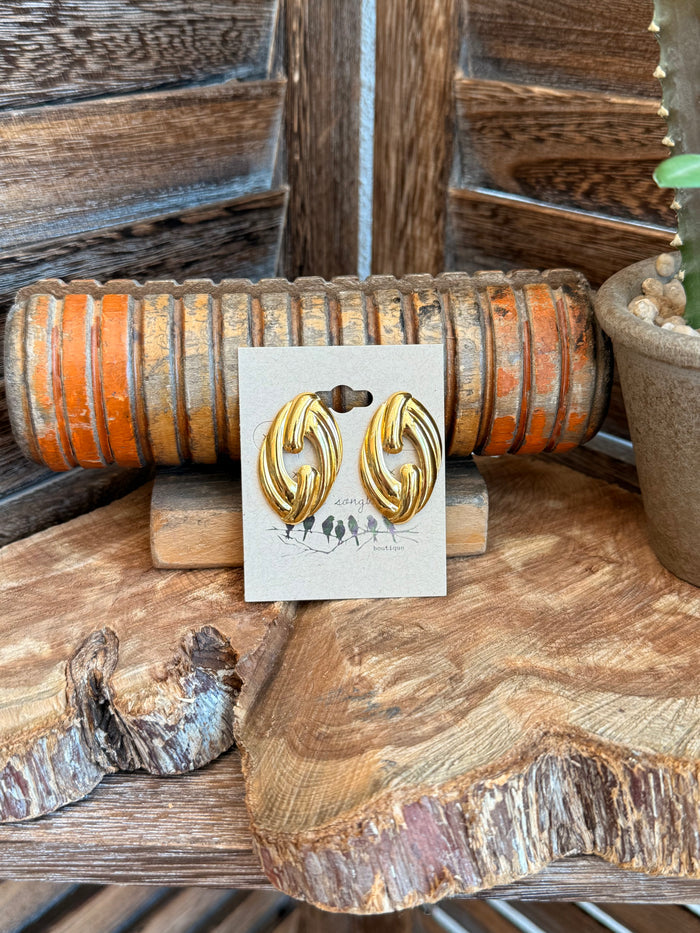 Gold plated twisted oval stud earrings with raised braided loop design