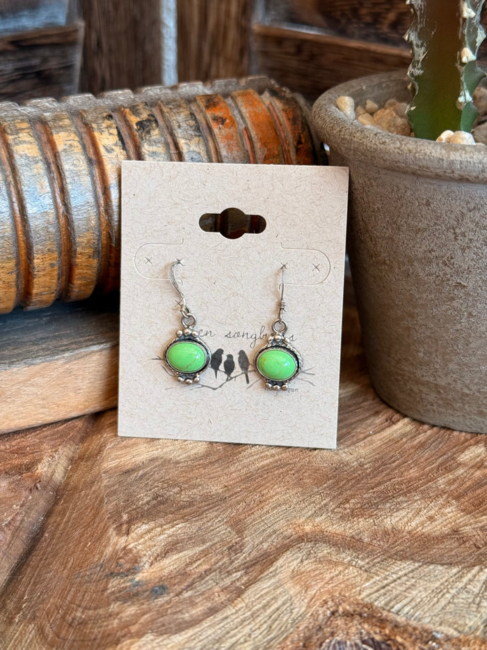 Sterling silver fishhook earrings with green oval gemstone drops