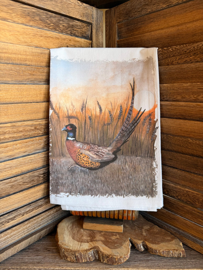 Watercolor pheasant tea towel with orange-brown bird and tall grass, vertical art