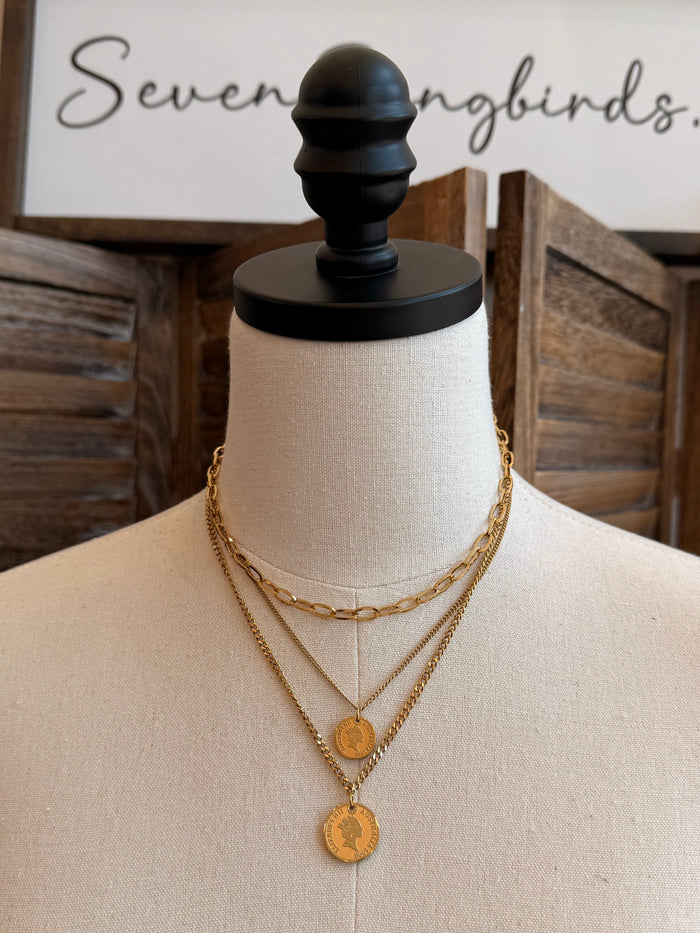 Gold-plated coin pendant necklace with two circular coin charms and link chains