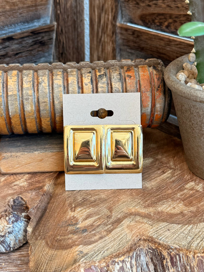 Large gold-plated double-square stud earrings