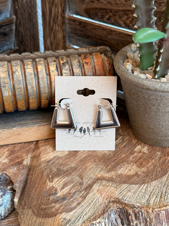 Silver trapezoid stud earrings with open frame drop, polished finish, hook backs