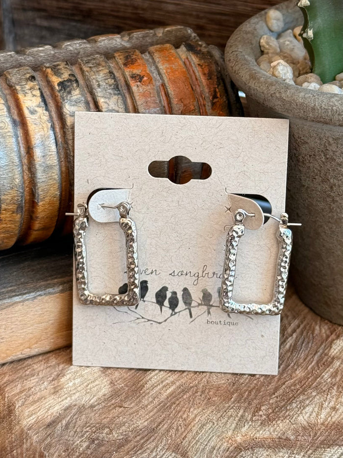 Silver textured trapezoid stud earrings with openwork rectangular frames and hook backs