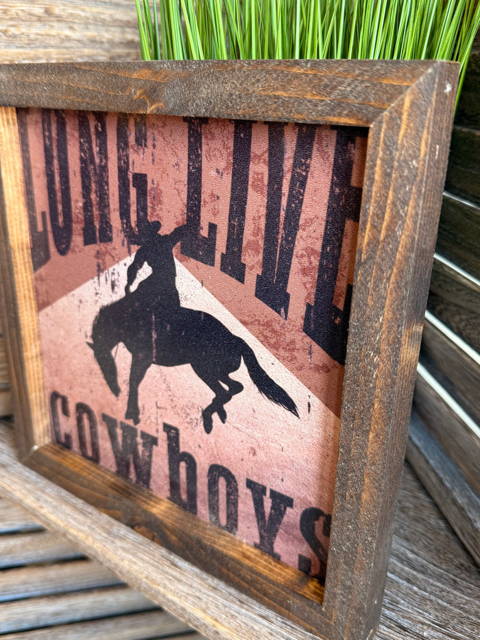 Rustic wood framed cowboy wall art with horse silhouette and 'Cowboys' lettering