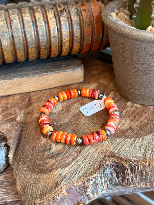 Orange spiny oyster beaded bracelet with small sterling pearl accents
