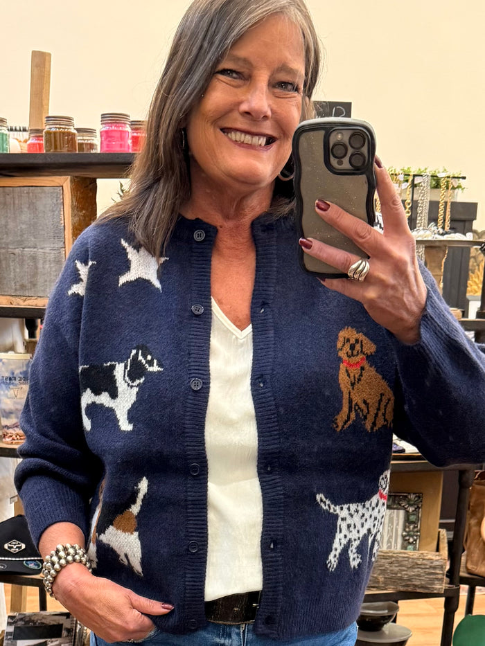 Navy dog-print button-up cardigan sweater with intarsia dogs and white star details