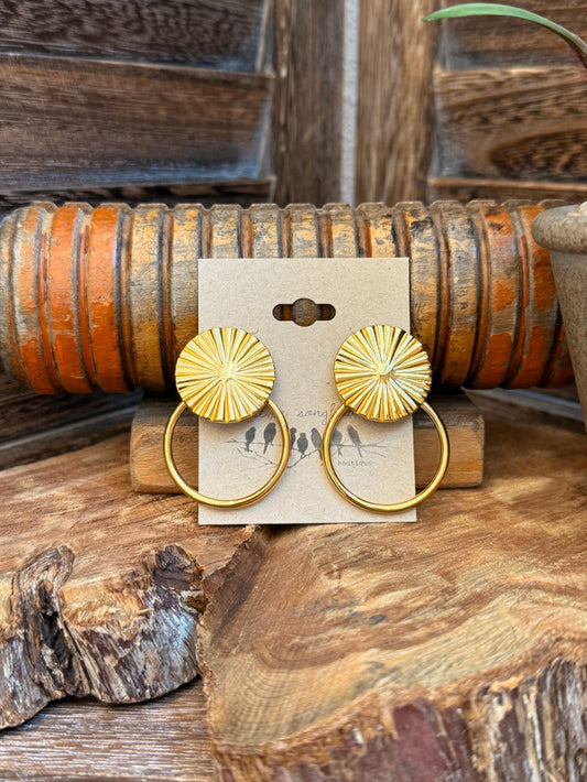 Gold-tone round textured stud earrings with circular hoop rings