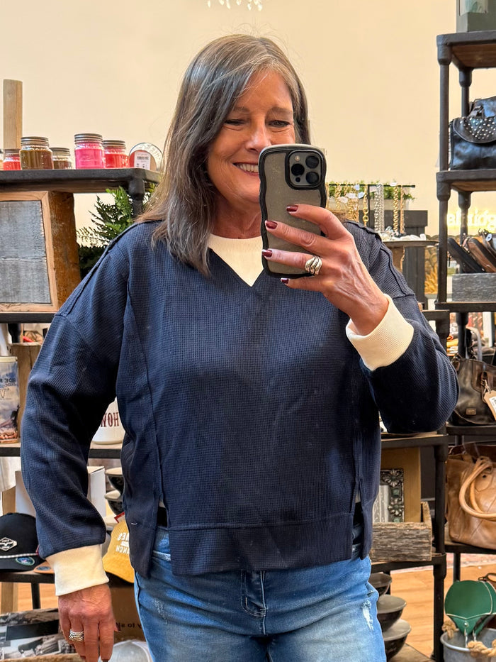 Navy waffle-knit crew neck long-sleeve T-shirt with soft drape