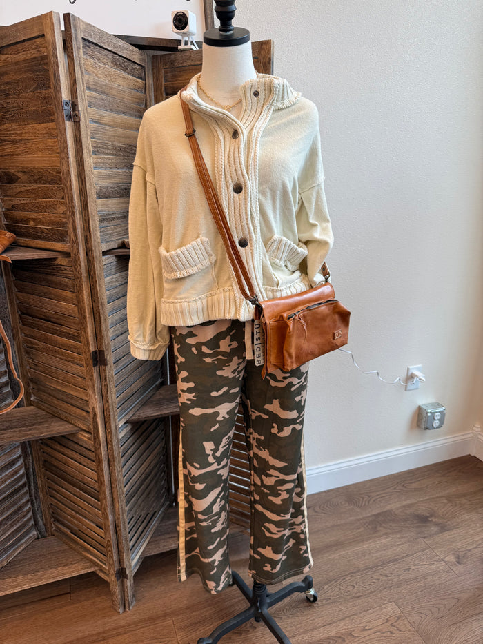 Camo varsity stripe sweatpants with contrast side stripes and drawstring waist, relaxed fit