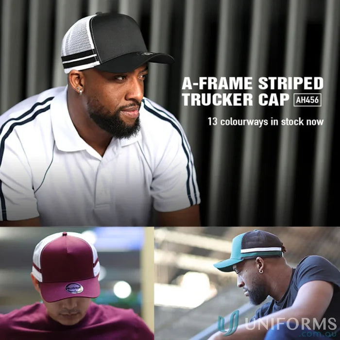 A-Frame Striped Trucker Cap perfect for casual uniforms and workwear styles
