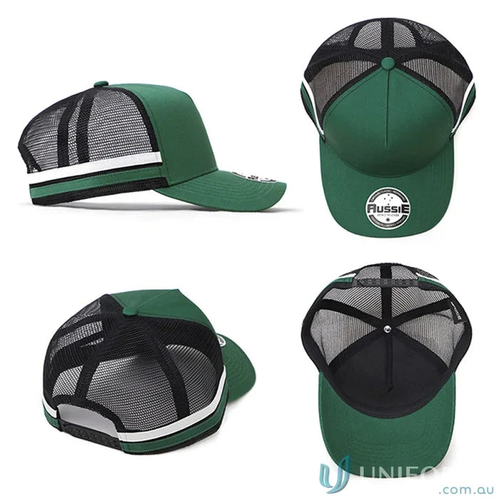 Green and black trucker hat perfect for casual wear, work uniforms, or workwear styles