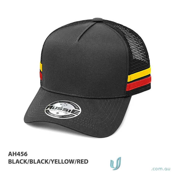 Black trucker cap with colorful stripes, perfect for workwear or uniforms style