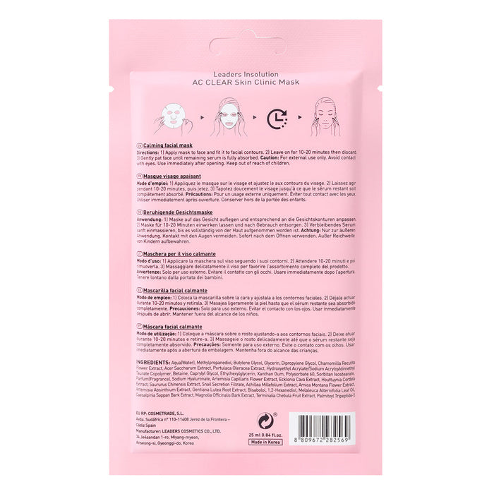 Packaging of AC Clear Skin Clinic Mask | Leaders showing usage instructions and ingredients on a pale pink background, designed for skincare and facial treatment.