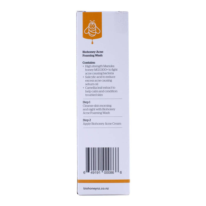 Biohoney Acne Foaming Wash packaging with product details on a white background