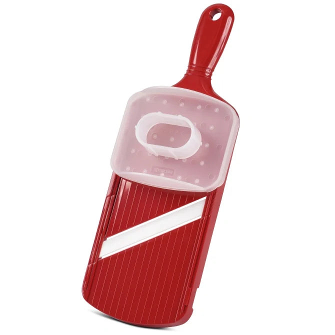 Red adjustable ceramic blade slicer with a clear handguard on a white background.