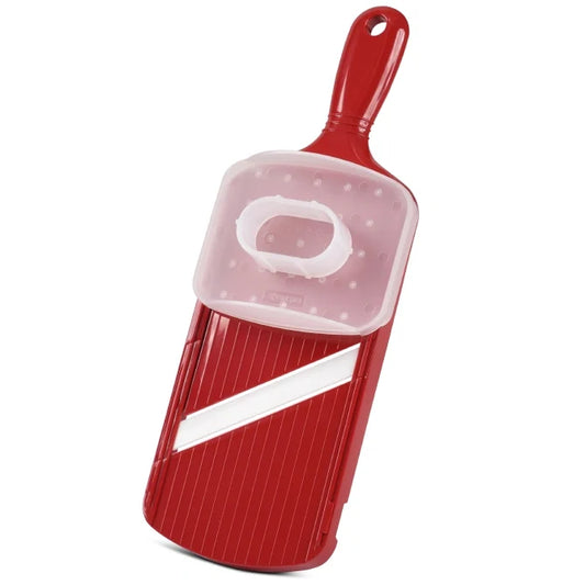Red adjustable ceramic blade slicer with a clear handguard on a white background.