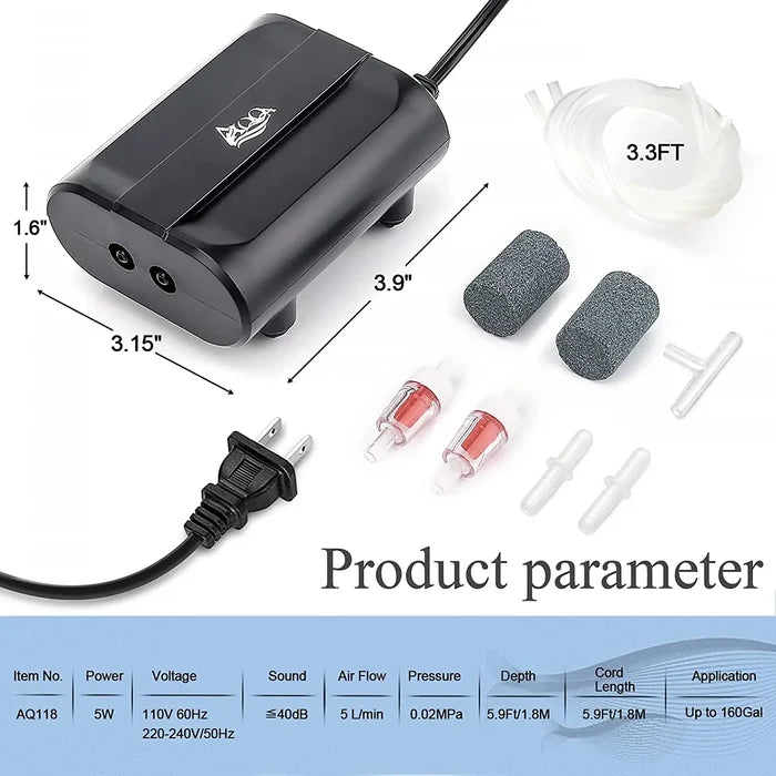 Black plastic aquarium air pump with white logo and tubing for aqqa dual outlet oxygen pump 20 40 gallons